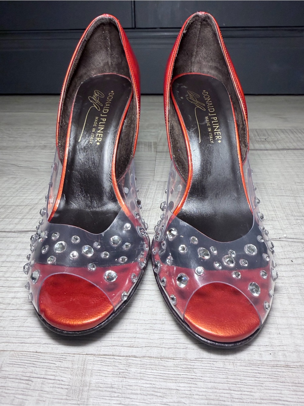 Donald J Pliner Couture Rhinestone Clear Metallic Wedge Heels 7M Italy